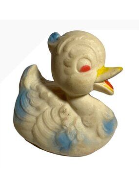 Vintage Rubber Duck Squeaky Toy With Yellow & Blue Accents 3" Tall 1960's